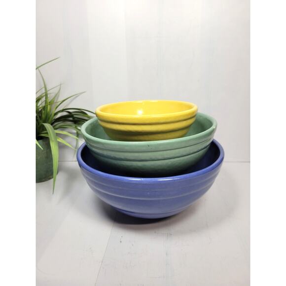 Vintage Mixing Bowls Set of 3 Nesting Stoneware Ribbed, Blue Green Yellow - Picture 1 of 7